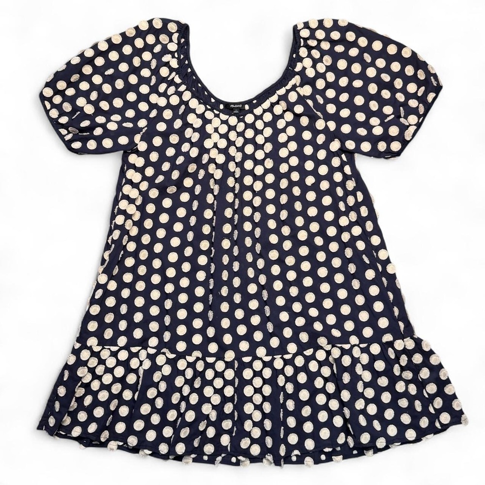 Madewell Tufted Navy & Cream Polka Dot Tiered Mini Dress - Large